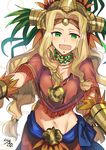  :d artist_name aztec blonde_hair circlet fang fate/grand_order fate_(series) green_eyes half-closed_eyes headdress highres long_hair looking_at_viewer nikame open_mouth quetzalcoatl_(fate/grand_order) signature smile solo upper_body wavy_hair 