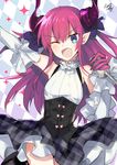  ;d argyle argyle_background artist_name bangs blue_eyes corset detached_sleeves elizabeth_bathory_(fate) elizabeth_bathory_(fate)_(all) eyebrows_visible_through_hair fang fate/extra fate/extra_ccc fate_(series) frilled_shirt_collar frills hair_between_eyes highres holding holding_microphone horns long_hair looking_at_viewer microphone nikame one_eye_closed open_mouth plaid plaid_skirt pointy_ears purple_hair signature skirt smile solo sparkle tsurime unmoving_pattern 