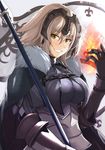  &gt;:) bangs blush breasts cape chain commentary_request fate/grand_order fate_(series) faulds fire flag from_side fur_trim gauntlets grey_hair grin headpiece jeanne_d'arc_(alter)_(fate) jeanne_d'arc_(fate)_(all) kanzaki_kureha large_breasts looking_at_viewer looking_to_the_side short_hair smile solo upper_body v-shaped_eyebrows yellow_eyes 