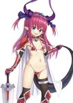  :d armor bikini_armor black_legwear blue_eyes blush cape collarbone commentary dragon_tail elbow_gloves elizabeth_bathory_(brave)_(fate) elizabeth_bathory_(fate)_(all) eyebrows_visible_through_hair fang fate/grand_order fate_(series) flat_chest gauntlets gloves greaves groin hair_between_eyes hand_on_hilt heijialan holding_own_tail kneehighs long_hair looking_at_viewer loose_bikini mismatched_legwear navel open_mouth pauldrons pink_hair pointy_ears red_armor silver_trim simple_background single_kneehigh single_thighhigh smile solo standing sword tail thighhighs two_side_up very_long_hair weapon white_background white_cape 