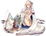  blonde_hair blue_eyes blush boots breasts cape covering covering_breasts dress gloves high_heel_boots high_heels issairaku large_breasts neuschwanstein_(oshiro_project) official_art oshiro_project oshiro_project_re sitting solo thigh_boots thighhighs torn_clothes transparent_background 