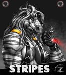  2012 5_fingers anthro biceps biped black_background black_hair bust_portrait character_name clothing digital_media_(artwork) equine fingerless_gloves front_view fur gloves grey_eyes grey_fur grey_stripes hair long_hair looking_at_viewer male mammal multicolored_fur multicolored_hair muscular muscular_male name_badge pecs portrait simple_background snout solo steam striped_fur stripes stripes_(character) suspenders thumbs_up two_tone_fur two_tone_hair white_fur white_hair zebra zorro_re 