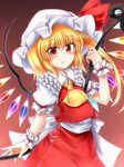  :3 blonde_hair blush cravat flandre_scarlet frilled_sleeves frills gradient gradient_background hat hat_ribbon highres laevatein looking_at_viewer m9kndi mob_cap puffy_short_sleeves puffy_sleeves red_background red_eyes ribbon short_hair short_sleeves side_ponytail simple_background skirt skirt_set smile solo touhou wings wrist_cuffs 
