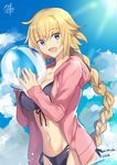  artist_name ball bangs beachball bikini blue_ribbon blue_sky blush braid breasts cleavage cloud cloudy_sky collarbone day eyebrows_visible_through_hair fate/apocrypha fate_(series) hair_ribbon hands_up highres holding hood hoodie jeanne_d'arc_(fate) jeanne_d'arc_(fate)_(all) large_breasts light_rays long_hair looking_at_viewer nikame ocean open_clothes open_hoodie open_mouth outdoors purple_bikini ribbon sidelocks signature single_braid sky smile solo sunbeam sunlight swimsuit tress_ribbon very_long_hair wading 