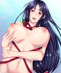  :d aoi_chimaki black_eyes black_hair blush breasts commentary_request fate/grand_order fate_(series) large_breasts long_hair looking_at_viewer minamoto_no_raikou_(fate/grand_order) navel nipples nude open_mouth rope smile solo stomach upper_body very_long_hair 