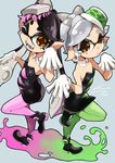  2girls aori_(splatoon) detached_collar domino_mask dress earrings fangs food food_on_head gloves green_legwear hotaru_(splatoon) io_naomichi jewelry mask mole mole_under_eye multiple_girls object_on_head one_eye_closed pantyhose pink_legwear pointy_ears pose simple_background splatoon_(series) strapless strapless_dress tentacle_hair 