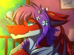  2017 anthro azaly clothed clothing day detailed_background digital_media_(artwork) dragon fur girly hair kevinlaros male outside purple_hair scalie sky smile solo sunset tree wings 
