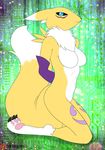  anthro barefoot blue_eyes breasts butt canine claws digimon female fox fur hi_res jenfoxworth looking_at_viewer mammal navel nude on_floor pawpads paws renamon sharp_claws sitting solo toe_claws 