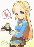  animal blonde_hair braid forehead french_braid frog gloves green_eyes hair_ornament hairclip heart holding holding_animal io_naomichi long_hair looking_at_viewer pointy_ears pouch princess_zelda sidelocks simple_background smile solo spoken_heart the_legend_of_zelda the_legend_of_zelda:_breath_of_the_wild thick_eyebrows turtleneck 