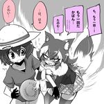  animal_ears arm_grab blush commentary eri_(yangyang_nickbow) flying_sweatdrops frisbee fur_collar gloves grey_wolf_(kemono_friends) hat helmet kaban_(kemono_friends) kemono_friends long_hair multiple_girls pith_helmet short_hair tail thighhighs translated 