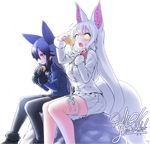  2017 2girls :t animal_ears black_bow black_gloves black_legwear black_neckwear black_skirt blazer blush bow bowtie breasts closed_mouth commentary dated eating eyebrows_visible_through_hair food fox_ears fox_tail from_side fur_trim gloves hair_between_eyes holding holding_food inarizushi jacket kemono_friends large_breasts long_hair long_sleeves multiple_girls number oinari-sama_(kemono_friends) pantyhose pleated_skirt red_bow rock silver_fox_(kemono_friends) silver_hair single_glove sitting skirt sushi sweatdrop tail very_long_hair wavy_mouth white_background white_gloves white_hair white_skirt yellow_eyes yoshida_hideyuki 