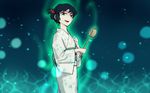  alternate_costume alternate_hairstyle black_hair commentary_request green_eyes hishaku japanese_clothes kimono ladle looking_at_viewer meimaru_inuchiyo murasa_minamitsu obi open_mouth sash short_hair smile smirk solo tied_hair touhou yukata 