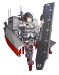  black_skirt brown_eyes brown_hair cellphone grey_legwear izumo_(jmsdf) jack_hamster japan_maritime_self-defense_force japan_self-defense_force kantai_collection mecha_musume military original personification phone purple_scrunchie scrunchie short_hair skirt smartphone smile solo standing uniform 