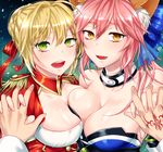  :d animal_ears aoi_chimaki bangs bare_shoulders blonde_hair blue_kimono blue_ribbon blush breast_press breasts choker cleavage cleavage_cutout collarbone command_spell commentary_request dress epaulettes fang fate/extra fate/grand_order fate_(series) fox_ears green_eyes hair_between_eyes hair_ribbon heart heart-shaped_pupils holding_hands interlocked_fingers japanese_clothes kimono large_breasts looking_at_viewer multiple_girls nero_claudius_(fate) nero_claudius_(fate)_(all) open_mouth out_of_frame pink_hair pov pov_hands red_dress red_ribbon ribbon smile symbol-shaped_pupils symmetrical_docking tamamo_(fate)_(all) tamamo_no_mae_(fate) upper_body yellow_eyes 