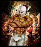  abs brown_eyes brown_hair crossed_arms el_fuerte highres looking_at_viewer luchador_mask male_focus mask mingzi893 muscle navel scarf standing street_fighter street_fighter_iv_(series) striped striped_scarf tattoo 