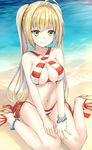  beach bikini blonde_hair blush bracelet breasts closed_mouth criss-cross_halter day earrings eyebrows_visible_through_hair fate/grand_order fate_(series) halterneck highres jewelry long_hair looking_at_viewer medium_breasts navel nero_claudius_(fate)_(all) nero_claudius_(swimsuit_caster)_(fate) pdxen sand sandals sitting smile solo striped striped_bikini swimsuit twintails wariza 