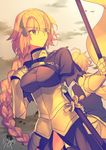  1girl absurdres armor artist_name back-to-back bangs blonde_hair braid closed_mouth commentary_request eyebrows_visible_through_hair fate/apocrypha fate_(series) faulds flag gauntlets hair_between_eyes hand_up headpiece highres holding holding_flag jeanne_d'arc_(fate) jeanne_d'arc_(fate)_(all) long_hair looking_to_the_side nikame outdoors purple_eyes sieg_(fate/apocrypha) signature single_braid solo_focus standard_bearer thighhighs very_long_hair wavy_hair 