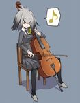  alternate_costume bangs black_legwear black_neckwear bow_(instrument) cello chair closed_mouth commentary contemporary eighth_note eyebrows_visible_through_hair full_body green_eyes grey_background grey_hair grey_shirt grey_skirt instrument kemono_friends long_sleeves low_ponytail multicolored_hair music musical_note necktie pantyhose playing_instrument pleated_skirt serious shirt shoebill_(kemono_friends) side_ponytail simple_background sitting skirt solo speech_bubble spoken_musical_note tansuke 