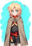  ahoge bangs blonde_hair blush cloak closed_mouth eyebrows_visible_through_hair fate/apocrypha fate_(series) green_eyes looking_at_viewer mordred_(fate) mordred_(fate)_(all) parted_bangs sheath sheathed sidelocks solo sword weapon yorukun younger 