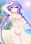  1girl areolae arms_behind_head arms_up beach blue_eyes blush braid breasts choujigen_game_neptune closed_mouth cowboy_shot erect_nipples female hair_ornament kagerou_(kers) long_hair midriff navel neptune_(choujigen_game_neptune) nipples nude outdoors purple_hair purple_heart pussy ribbon solo stomach tied_hair twin_braids uncensored vaginal 