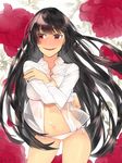  bad_id bad_pixiv_id black_hair blush breasts cleavage contrapposto cowboy_shot dress_shirt flower highres hime_cut jabami_yumeko kakegurui long_hair medium_breasts navel no_bra nose_blush panties parted_lips red_eyes ribo see-through shirt side-tie_panties smile solo standing underwear very_long_hair watermark white_panties white_shirt wind 