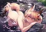  animal_ears ass barefoot bathing blush breasts breath cup eyebrows_visible_through_hair fingernails from_above glint hair_between_eyes highres jewelry large_breasts light_brown_hair long_fingernails long_hair looking_at_viewer nude original outdoors parted_lips partially_submerged petals ring sakazuki shizu-chan solo tail wedding_band wet wet_hair yellow_eyes yukibuster_z 