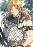  artist_name bangs bishounen blonde_hair blush bow_(weapon) brown_hair chiron_(fate) closed_mouth commentary_request dappled_sunlight day eyebrows_visible_through_hair fantasy fate/apocrypha fate_(series) green_eyes highres holding holding_bow_(weapon) holding_weapon looking_at_viewer male_focus nikame outdoors parted_bangs signature smile solo sunlight tree tree_shade under_tree weapon 