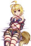  a4typhoon ahoge arms_behind_back bandeau bangs bare_shoulders bdsm belt black_legwear blonde_hair blush bondage bound breasts charm_(object) collarbone commentary_request eyebrows_visible_through_hair hair_between_eyes highres jacket kai-ri-sei_million_arthur karada looking_at_viewer lying million_arthur_(series) navel on_back open_clothes open_jacket open_mouth pouch shibari shibari_over_clothes short_hair short_shorts shorts sidelocks single_thighhigh small_breasts solo teeth thigh_strap thighhighs tied_up torn_clothes touzoku_arthur 