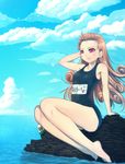  1girl alena_(dq4) barefoot brown_hair clift dragon_quest dragon_quest_iv feet flat_chest highres legs lips long_hair mahito name_tag one-piece_swimsuit red_eyes school_swimsuit smile swimsuit 