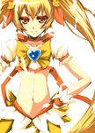  bad_id bad_pixiv_id banned_artist blonde_hair blush bow choker cure_sunshine heartcatch_precure! long_hair magical_girl midriff myoudouin_itsuki orange_choker orange_eyes precure s_tanly skirt skirt_set solo twintails white_background yellow_bow 