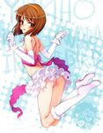  ass blush bob_cut boots breasts brown_eyes brown_hair cute_&amp;_girly_(idolmaster) elbow_gloves gloves hagiwara_yukiho hairband idolmaster idolmaster_(classic) legs looking_back microphone midriff ooyari_ashito panties short_hair small_breasts solo underwear white_gloves white_panties 