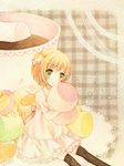  blonde_hair dress food hoshisaki_yume marshmallow minigirl original oversized_object solo thighhighs 