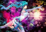  absurdres aqua_eyes aqua_hair barefoot bridal_gauntlets digital_dissolve hatsune_miku hatsune_miku_(append) highres long_hair necktie outstretched_arm outstretched_hand reaching solo thighhighs tida_kietsungden twintails very_long_hair vocaloid vocaloid_append 
