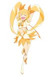  9aki arms_up boots bow choker closed_eyes cure_sunshine happy heartcatch_precure! knee_boots long_hair magical_girl midriff myoudouin_itsuki orange_choker orange_skirt precure ribbon skirt smile solo twintails very_long_hair white_background yellow_bow 