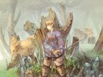  ahoge armor blonde_hair brown_eyes chocobo final_fantasy final_fantasy_tactics forest gloves knight male_focus nature ponytail ramza_beoulve rapier solo sword tree wadanaka weapon 