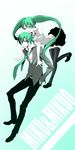  1girl bad_id bad_pixiv_id banned_artist black_legwear dual_persona genderswap genderswap_(ftm) green_hair hatsune_miku hatsune_mikuo highres legs long_hair necktie one_eye_closed open_mouth s_tanly skirt thighhighs twintails vocaloid 