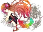  aqua_nails bad_id bad_pixiv_id brown_eyes brown_hair cable casual flower headphones keep_only_one_love_(vocaloid) kurenai_(nico_nico_douga) leg_hug light_frown long_hair looking_down macco nail_polish niconico peony_(flower) rainbow_order sad solo vocaloid 