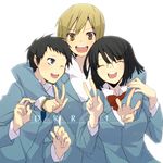  2boys bad_id bad_pixiv_id black_hair blonde_hair blue_eyes bob_cut breasts closed_eyes durarara!! glasses hirasaka_ine kida_masaomi large_breasts multiple_boys ryuugamine_mikado school_uniform short_hair sonohara_anri v yellow_eyes 