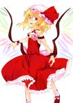  absurdres alternate_costume bad_id bad_pixiv_id bare_shoulders blonde_hair dress flandre_scarlet frills hat highres red_eyes ribbon ritz_(h322) short_hair solo touhou wings wrist_cuffs 