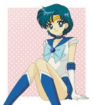  90s bishoujo_senshi_sailor_moon blue_choker blue_eyes blue_footwear blue_hair blue_sailor_collar blue_skirt boots choker convenient_leg hamutarou knee_boots magical_girl mizuno_ami pink_background polka_dot polka_dot_background sailor_collar sailor_mercury sailor_senshi_uniform short_hair skirt solo tiara 