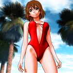  brown_eyes brown_hair casual_one-piece_swimsuit hair_ornament hairclip hirasawa_yui k-on! nike_(0306) one-piece_swimsuit palm_tree short_hair solo swimsuit tree 