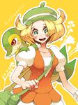  bag bel_(pokemon) beret blonde_hair gen_5_pokemon green_eyes handbag happy hat pokemon pokemon_(creature) pokemon_(game) pokemon_bw smile snivy strawberrybit 