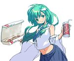  castella coca-cola detached_sleeves food frog green_eyes green_hair hair_ornament holding_pizza kochiya_sanae long_hair lowres oekaki pizza snake solo touhou 