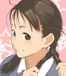  braid braiding_hair brown_eyes brown_hair copyright_request eyelashes face hairdressing kamo_(gafas) light_smile sleeves_past_wrists smile solo star twin_braids upper_body 