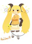  :&lt; blonde_hair blush chibi elbow_gloves electricity gen_1_pokemon gloves long_hair mil0rd moemon nintendo personification pokemon raichu red_eyes sandals skirt solo standing tail tank_top thighhighs twintails very_long_hair white_legwear zettai_ryouiki 