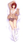  amagami bed blush breasts cleavage highres jiji_(wander_plug) legs lying medium_breasts on_back red_hair sakurai_rihoko school_uniform shirt short_hair skirt socks solo 