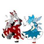  2girls back baggy_pants blue_hair bow breathing_fire breathing_ice cirno delinquent fire flame from_behind fujiwara_no_mokou grey_hair hair_bow hands_in_pockets ice lowres multiple_girls oekaki pants spitting touhou wings 