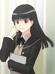  amagami ayatsuji_tsukasa black_hair black_jacket bow jacket kibito_high_school_uniform long_hair long_sleeves sakamoto_mineji school school_uniform smile solo 