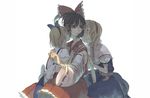  alice_margatroid alice_margatroid_(pc-98) arm_support bow brown_eyes brown_hair capelet closed_eyes collarbone cosmic_(crownclowncosmic) hair_bow hair_tubes hairband hakurei_reimu hand_on_another's_chest multiple_girls ribbon short_hair sitting time_paradox touching touhou touhou_(pc-98) white_background 