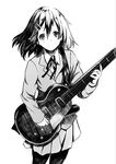  electric_guitar face greyscale guitar hirasawa_yui instrument k-on! looking_at_viewer monochrome pantyhose plectrum school_uniform shirabi skirt smile solo 